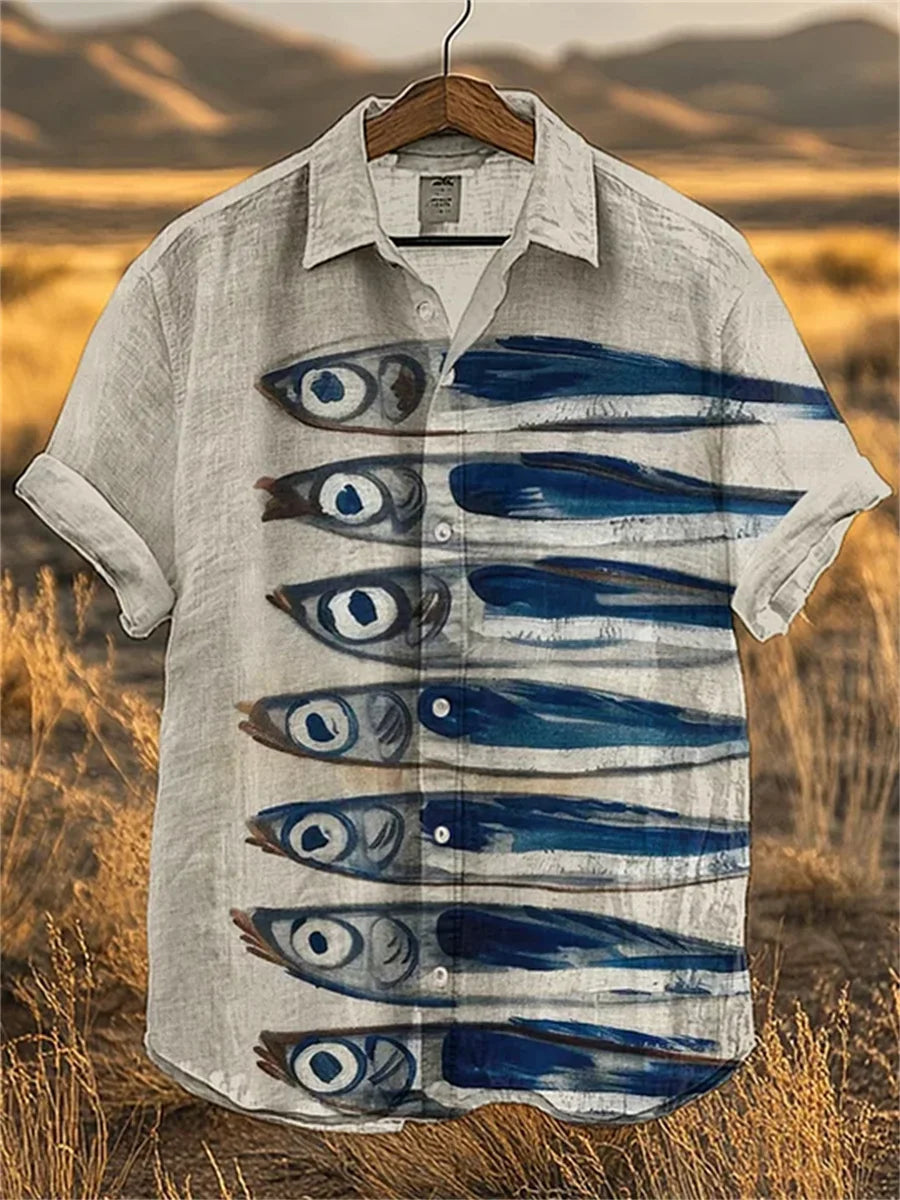 Men's short-sleeved shirt, stylish fighter jet print, breathable casual top, trendy retro pattern, personalized Hawaiian shirt.