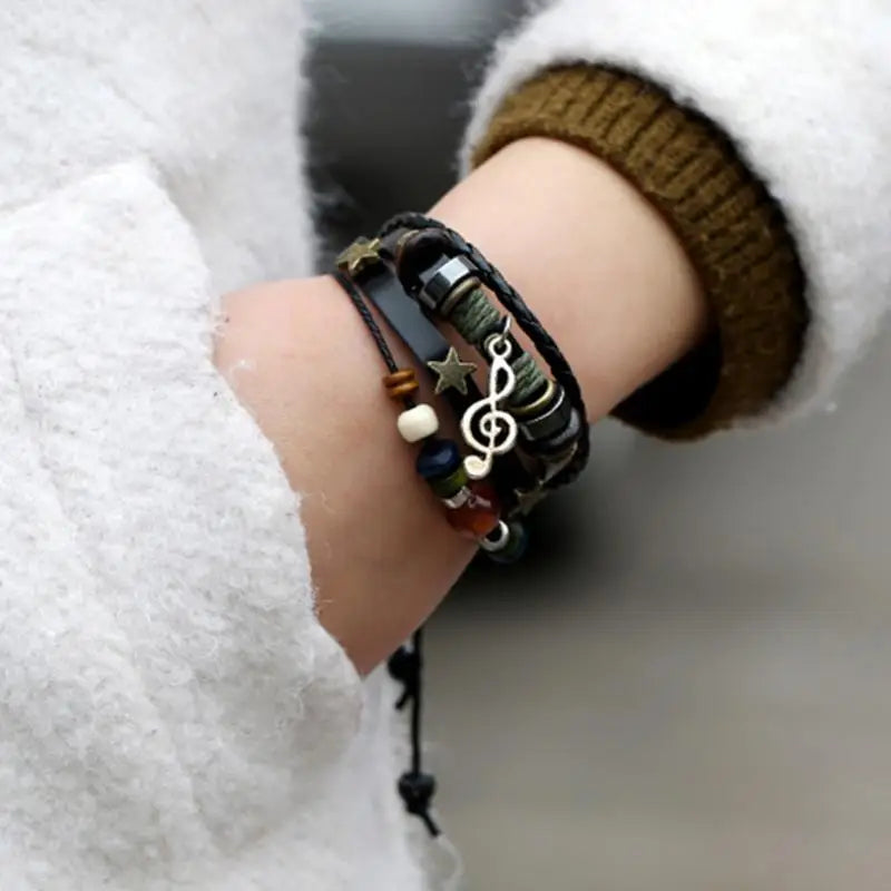 Handmade Boho Gypsy Hippie Design Brown Leather Star Musical Note Metal Charms Wood Button Beads Wrap Unisex Adjustable Bracelet