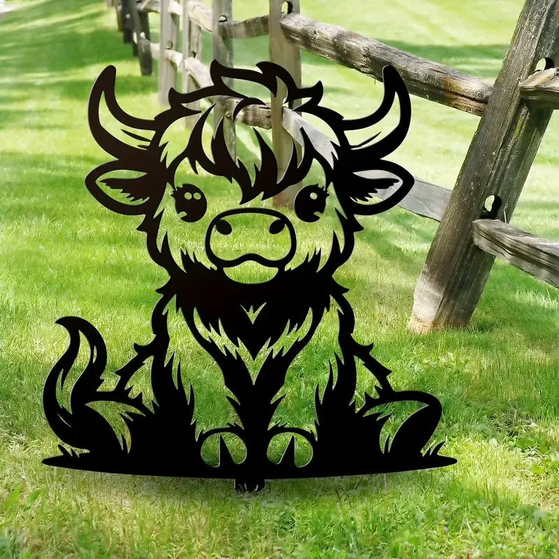 A Charming Highland Cow Garden Stake, Durable Cartoon Animal Garden Decoration, Rustic Cottage Metal Art, Spring Outdoor Decor