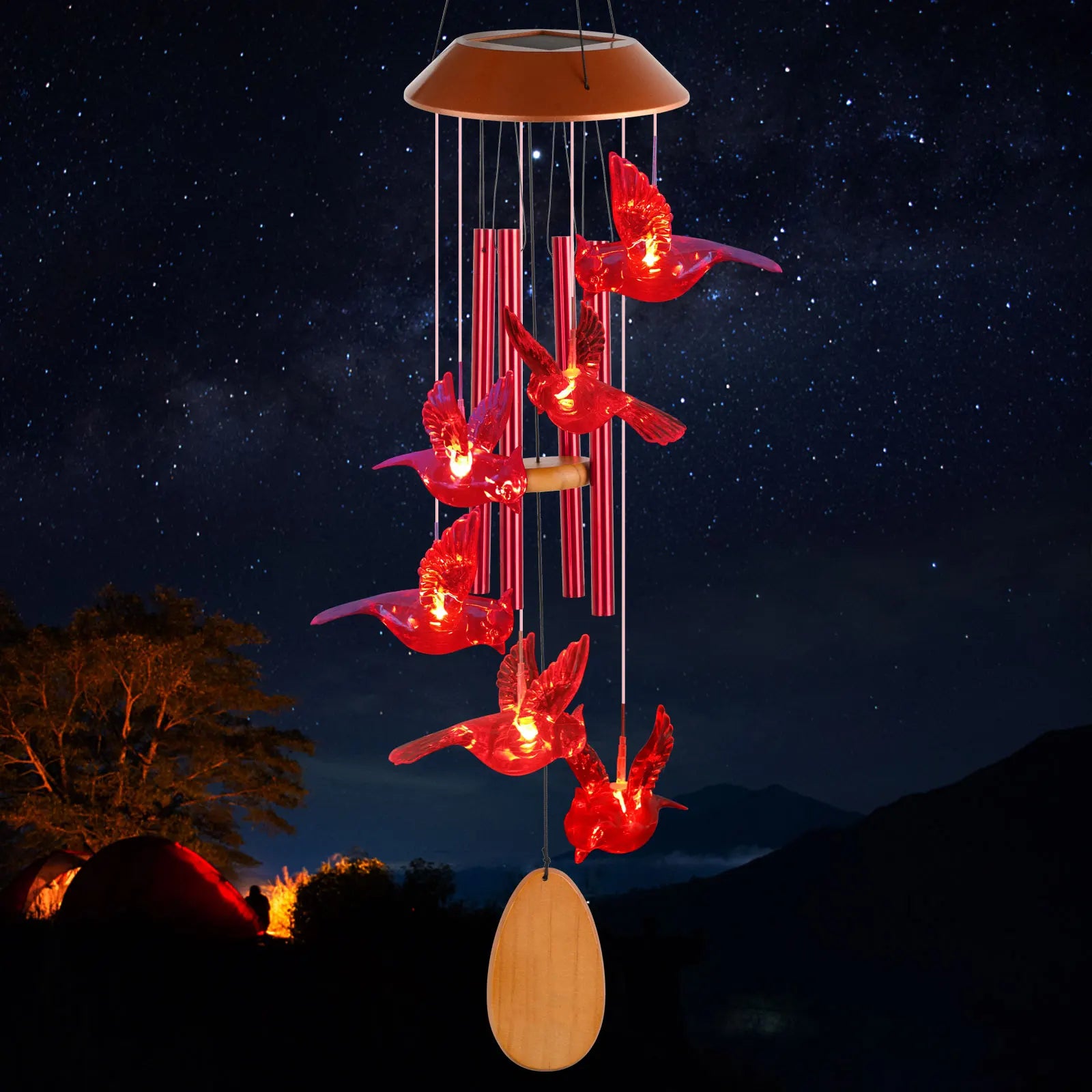 Solar Wind Chimes, Christmas Gifts for Mom & Grandma, Wooden Cardinal with Aluminum Tubes, Outdoor Garden Decor for Valentine‘s
