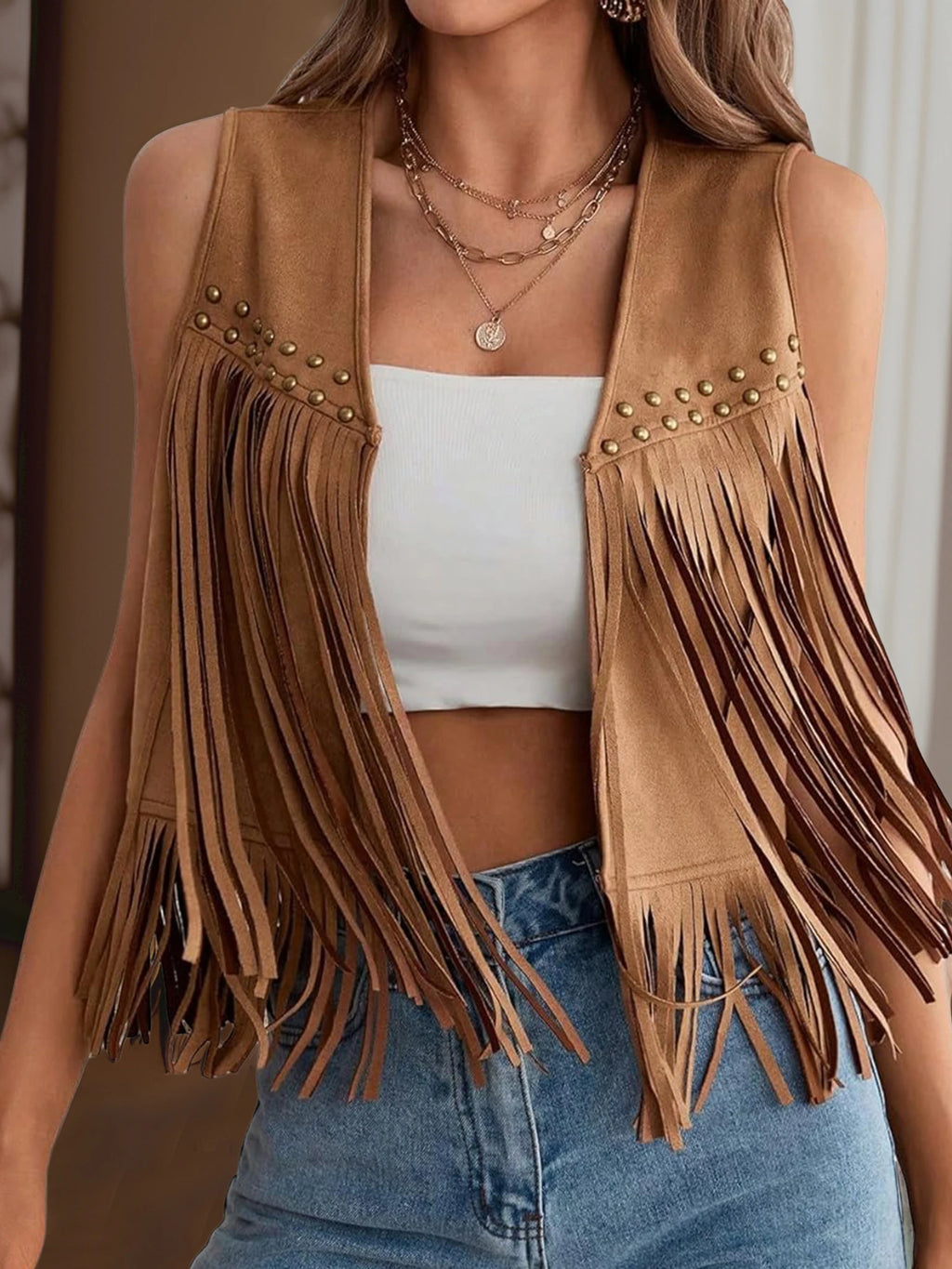 Women s Suede Tassel Vest 70s Hippie Outfit Sleeveless Open Front Vest Western Jacket