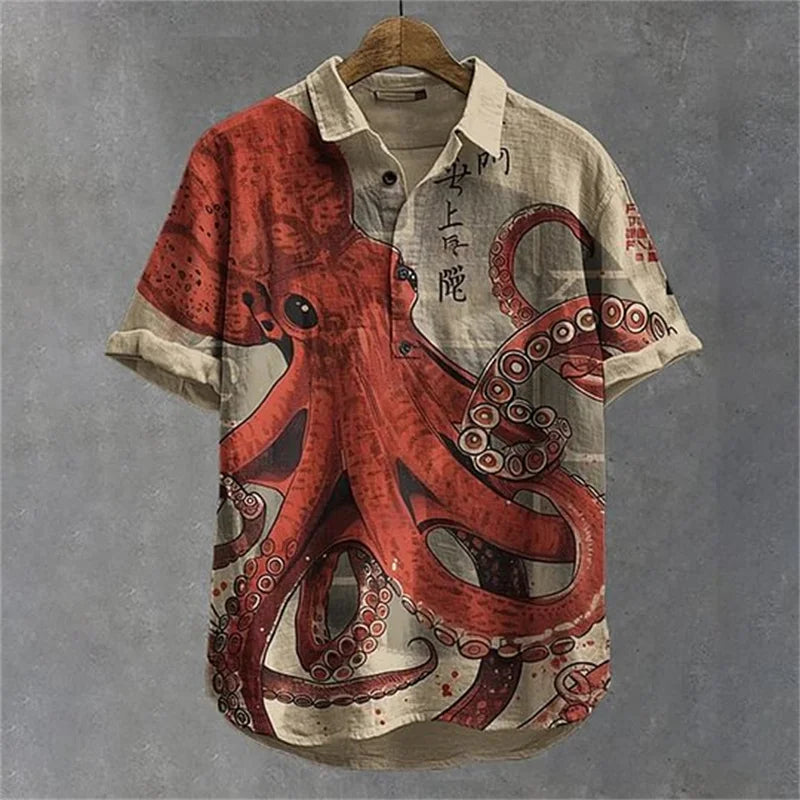 Men's retro color block style short sleeved ethnic retro tribal short sleeved linen shirt casual fashion shirt top