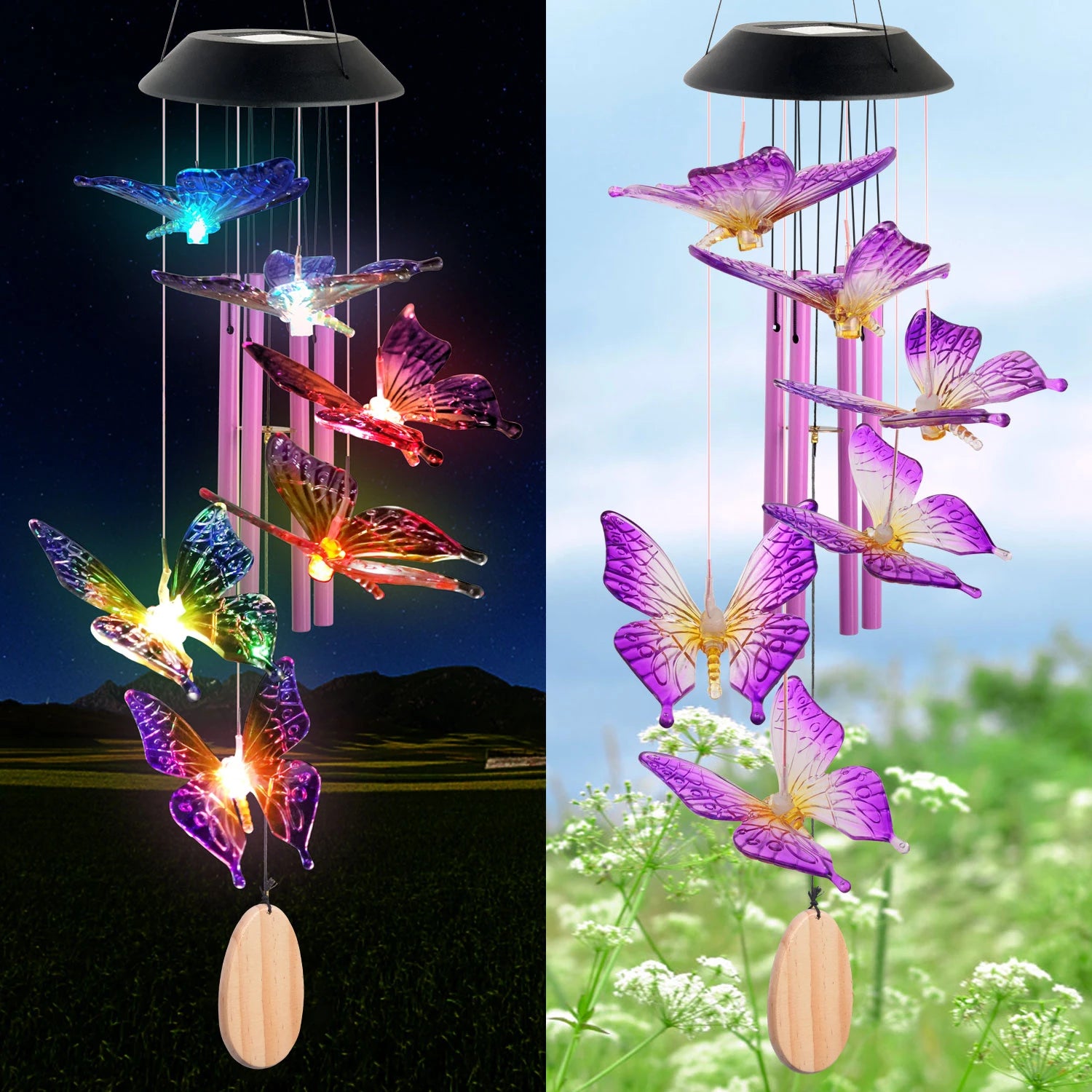 Solar Butterfly Wind Chimes, Christmas Gifts for Mom Grandma, Purple Glass with Lighted Pendant, Outdoor Garden Patio Decor for