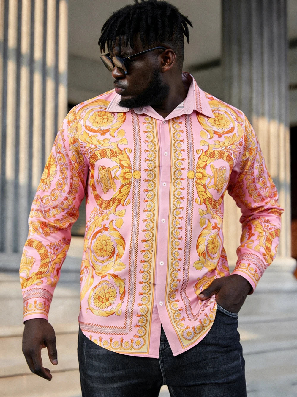 Men's French Long Sleeve Shirt Baroque Pattern High Definition Printed Shirt Hawaii Vacation Social Men's Clothes Quick Drying