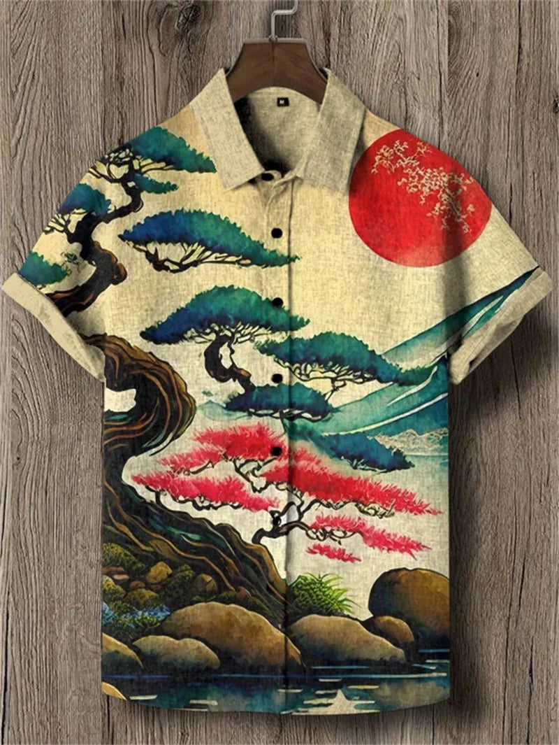 Men's retro color block style short sleeved ethnic retro tribal short sleeved linen shirt casual fashion shirt top
