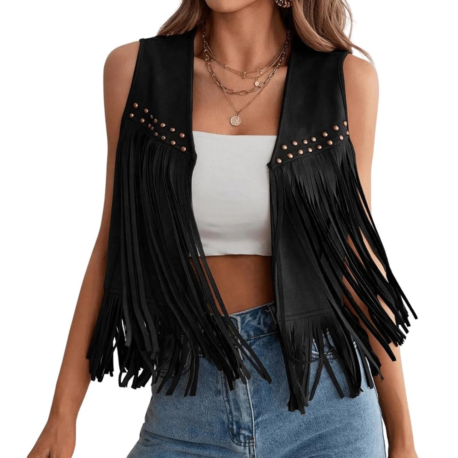 Women s Suede Tassel Vest 70s Hippie Outfit Sleeveless Open Front Vest Western Jacket