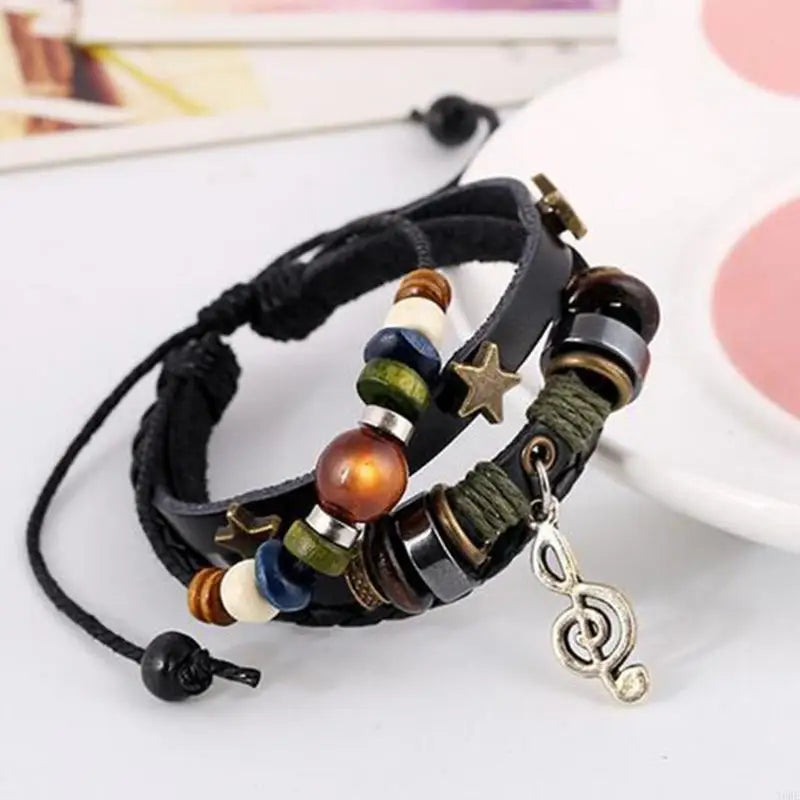 Handmade Boho Gypsy Hippie Design Brown Leather Star Musical Note Metal Charms Wood Button Beads Wrap Unisex Adjustable Bracelet