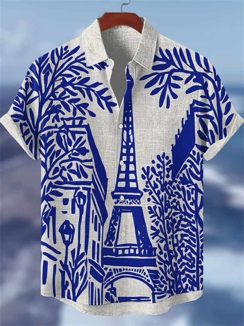 Men's retro color block style short sleeved ethnic retro tribal short sleeved linen shirt casual fashion shirt top
