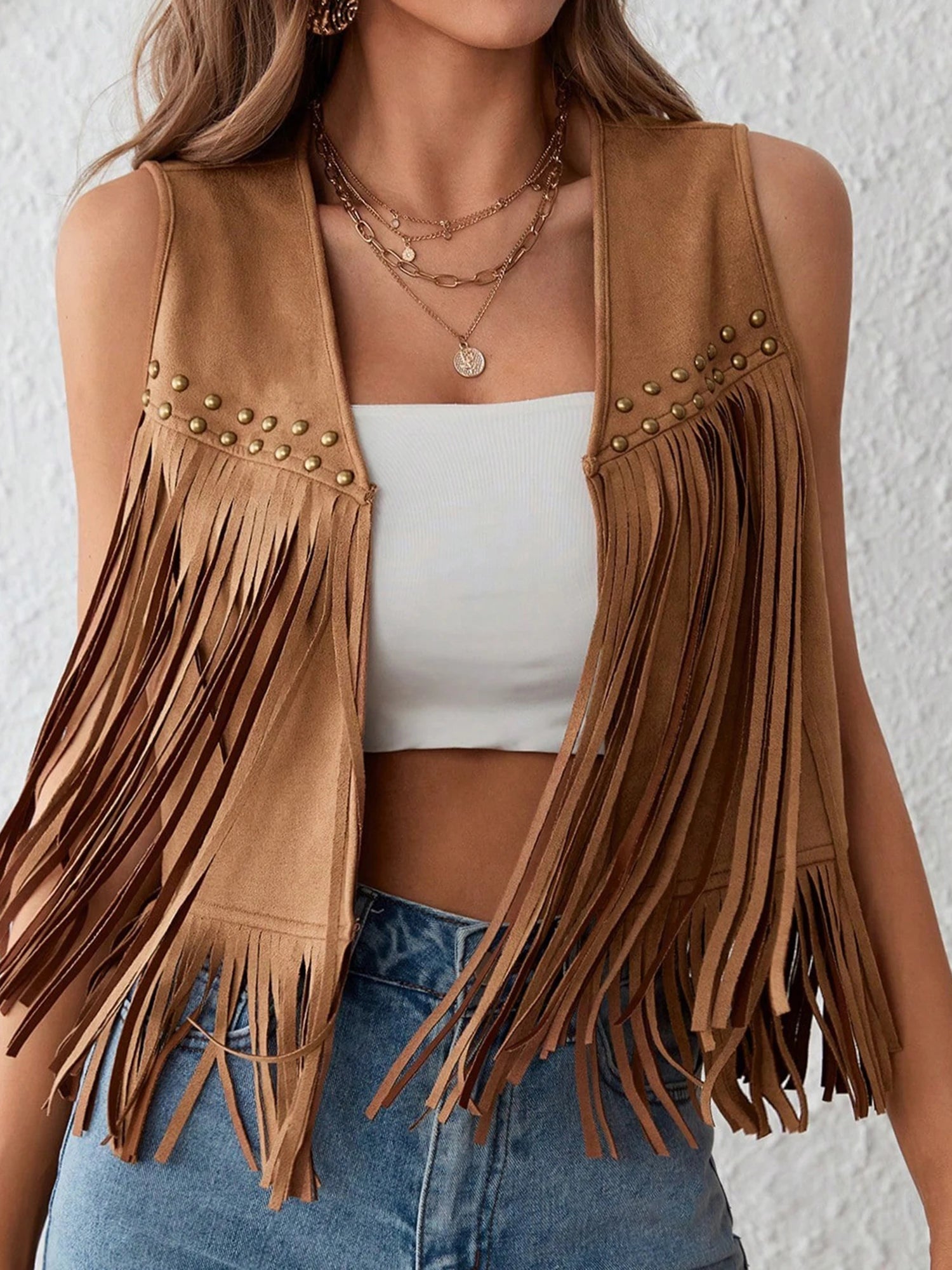 Women s Suede Tassel Vest 70s Hippie Outfit Sleeveless Open Front Vest Western Jacket