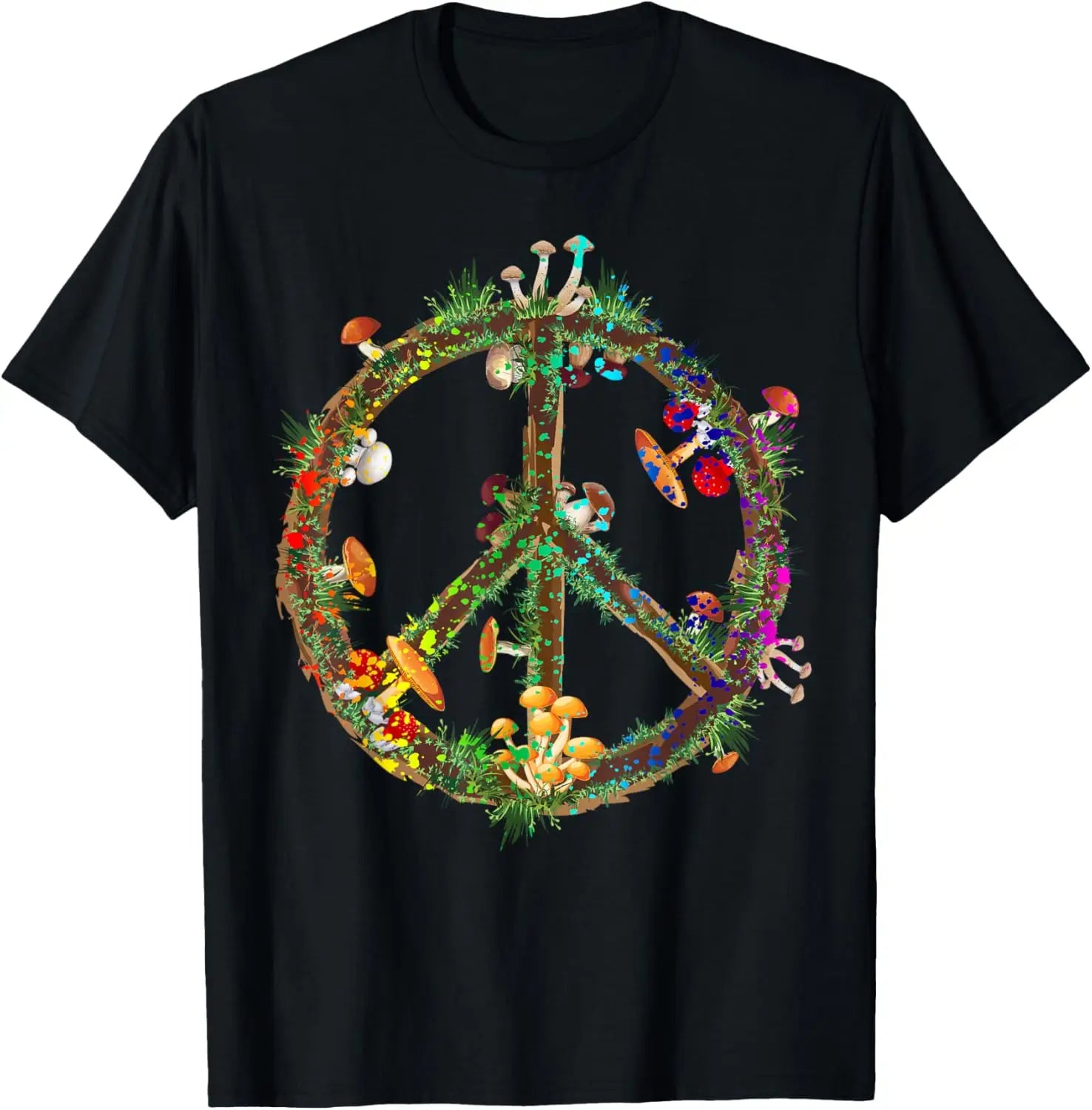 Psychedelic Mushroom Peace Sign Hippie Trippy Retro Graphic T-Shirt Unisex Casual Short Sleeve Tee