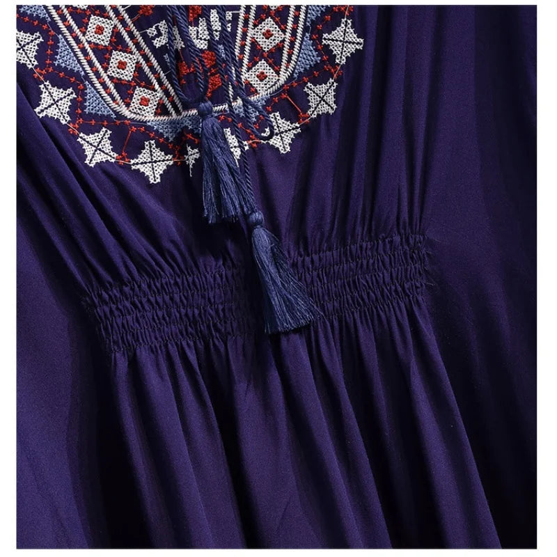 Women Summer Tees Retro Boho Style Embroidery Blouses Cloak Top Loose Cotton Lace Hem Bat sleeve Kimono Shirts Blusa Feminina