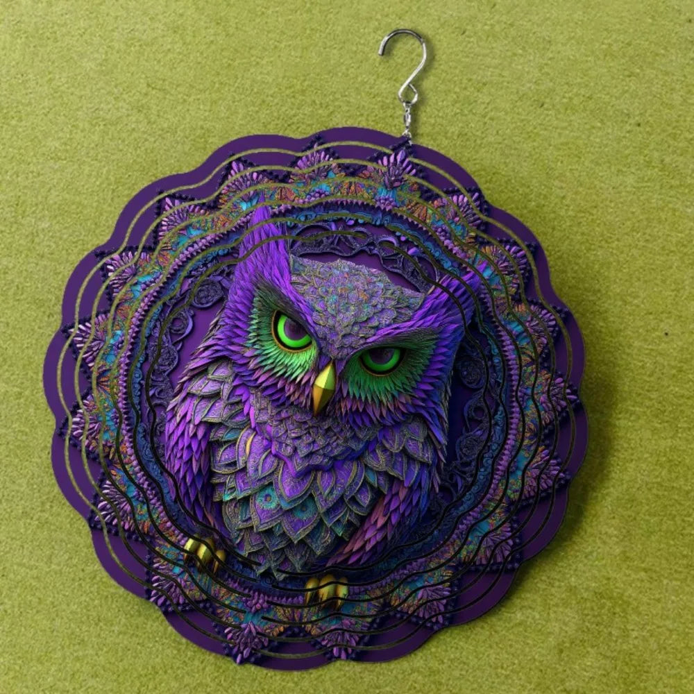 Vibrant 10-Inch Owl 3D Mandala Wind Chime - Colorful, Rotating Design for Outdoor Decor, Battery-Free Operation,