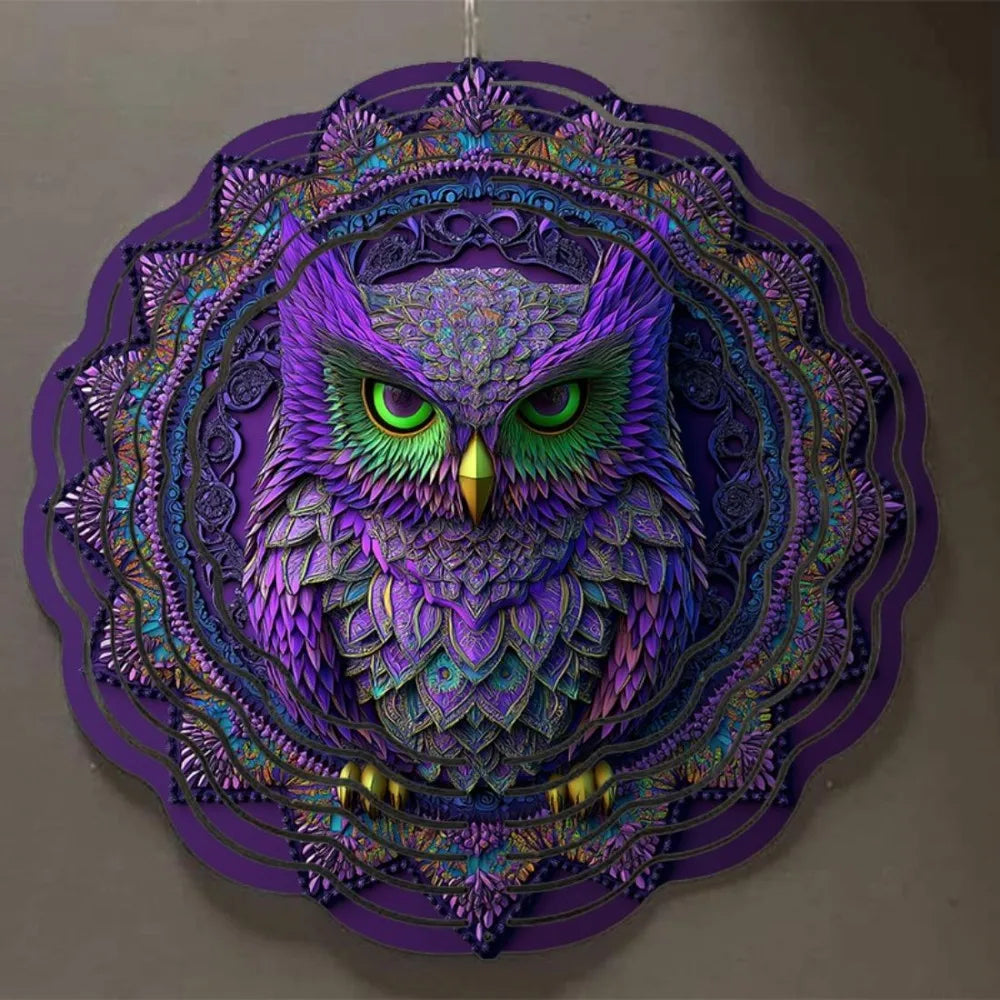 Vibrant 10-Inch Owl 3D Mandala Wind Chime - Colorful, Rotating Design for Outdoor Decor, Battery-Free Operation,