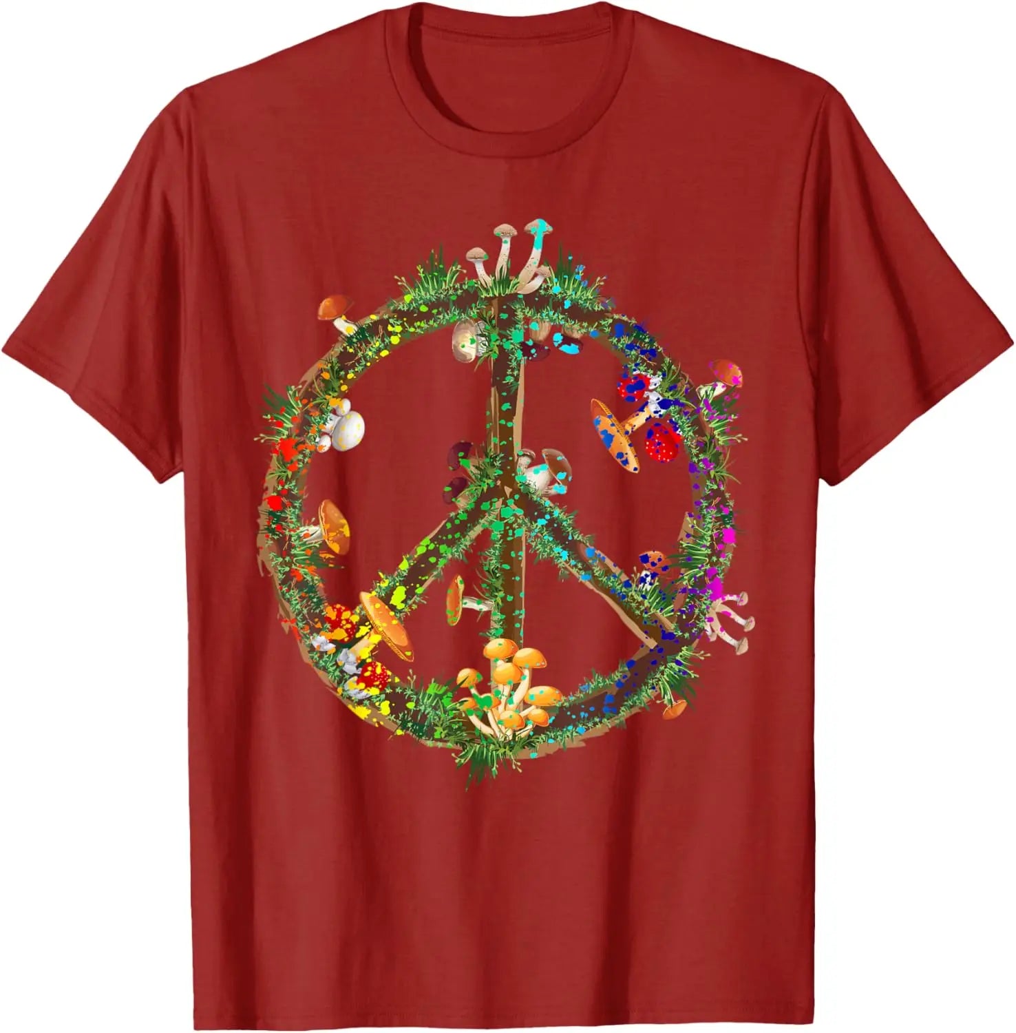 Psychedelic Mushroom Peace Sign Hippie Trippy Retro Graphic T-Shirt Unisex Casual Short Sleeve Tee