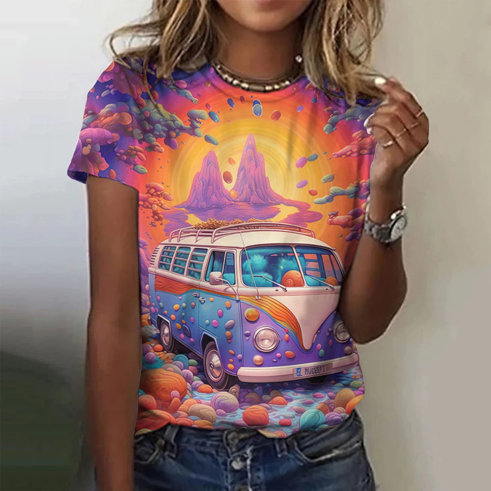 2025 New Women's T-shirt Cartoon Car Print Hippie Bus Tops Women's Trending Clothes Fashion Short Sleeve Shirt Funny Tee Tops