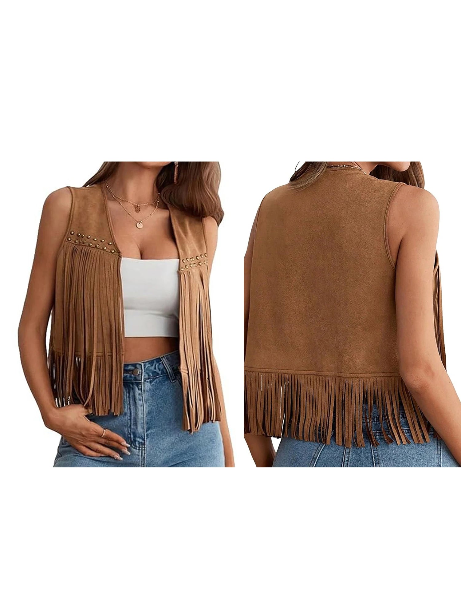 Women s Suede Tassel Vest 70s Hippie Outfit Sleeveless Open Front Vest Western Jacket