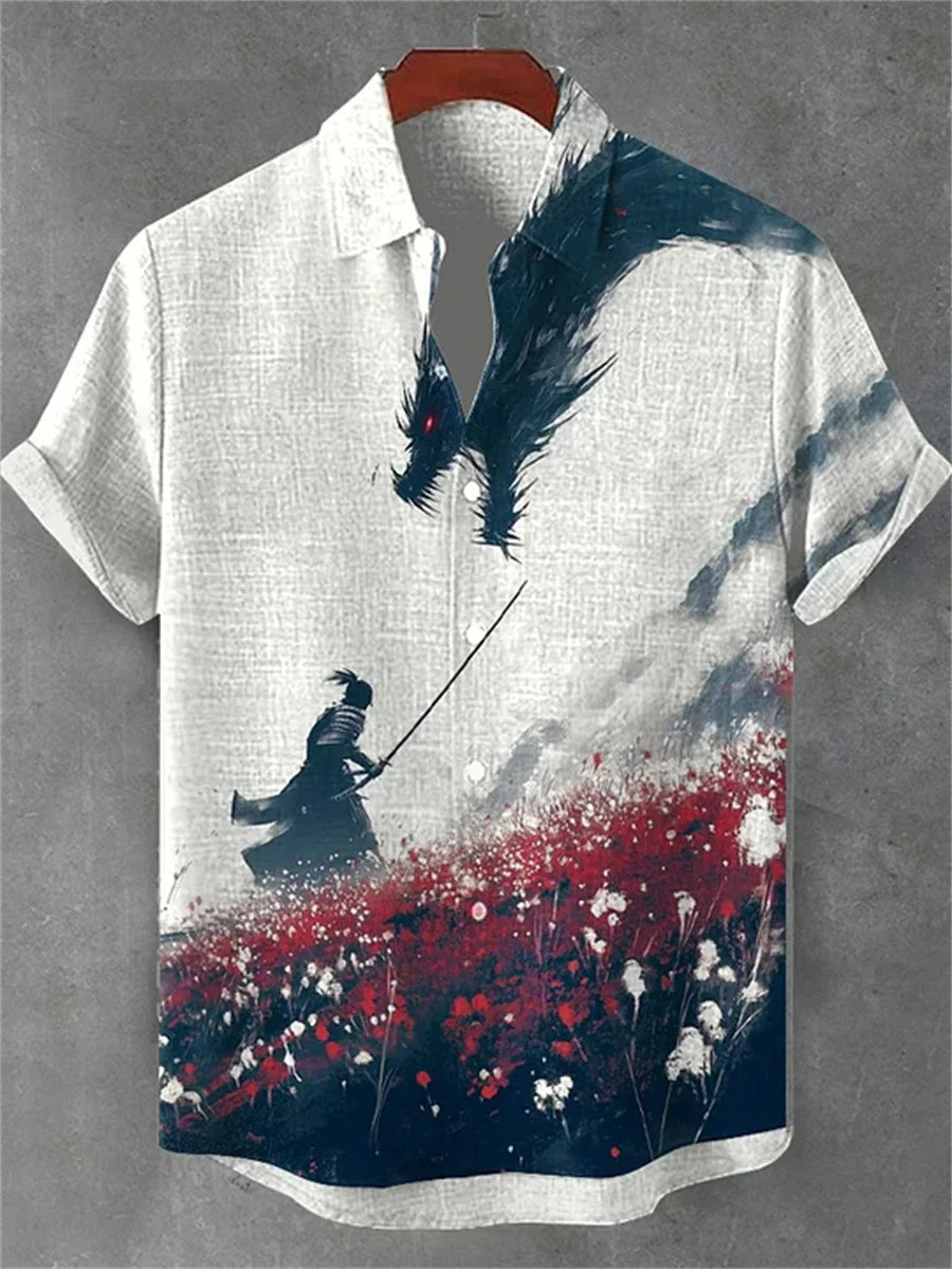 Men's short-sleeved shirt, stylish fighter jet print, breathable casual top, trendy retro pattern, personalized Hawaiian shirt.
