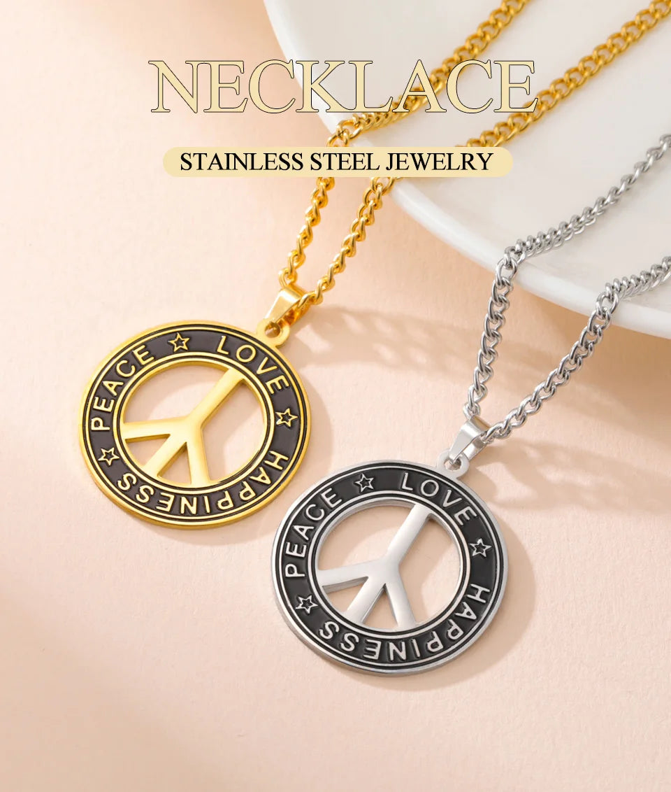 Dawapara Peace Sign Symbol Necklace Peace Love Happiness Blessing Pendant Stainless Steel Jewelry Hippie Accessories