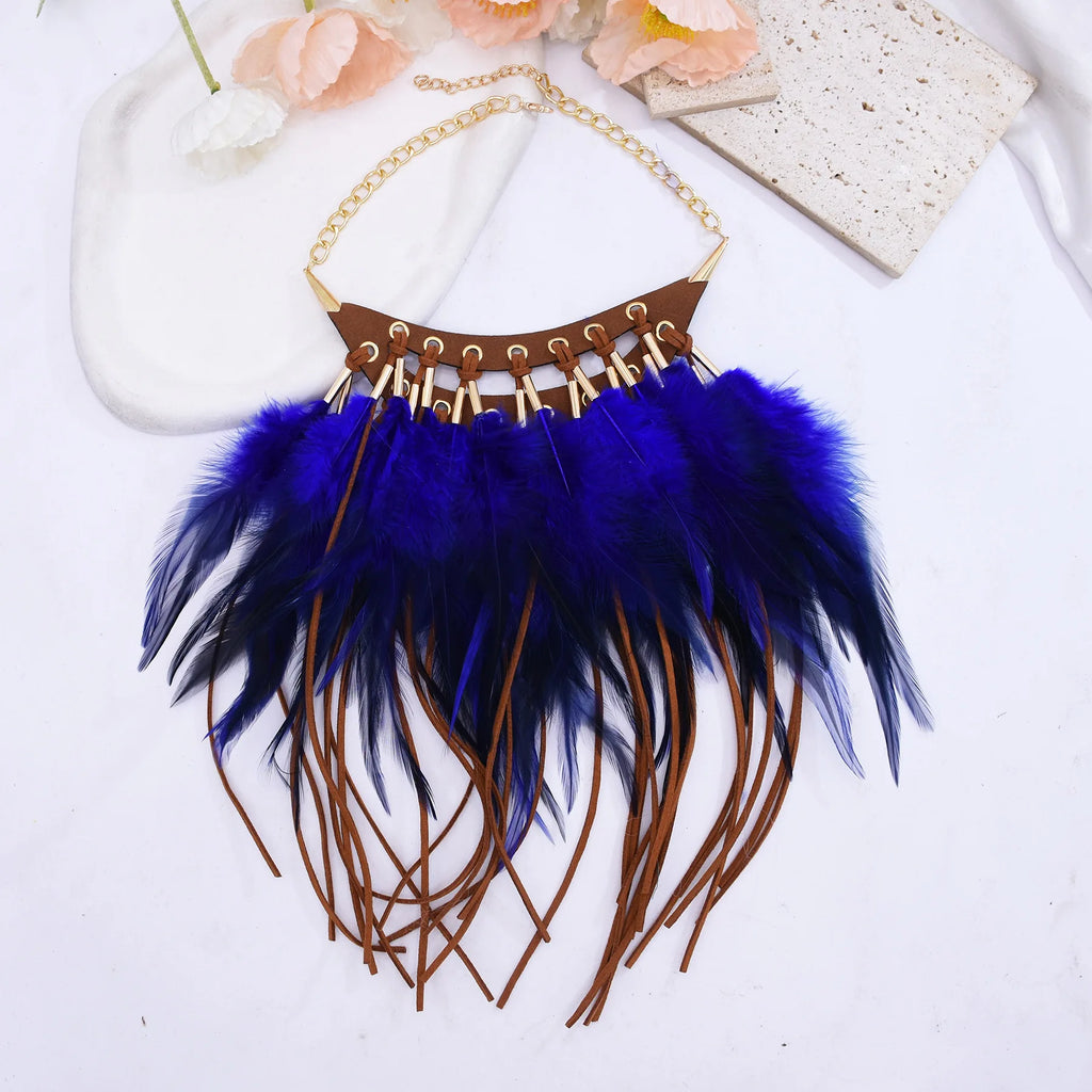 Black Brown Long Feather Pendants Indian Ethnic Necklace Vintage Bohemia African Hyperbole Hippie Charm Collar Statement Jewelry
