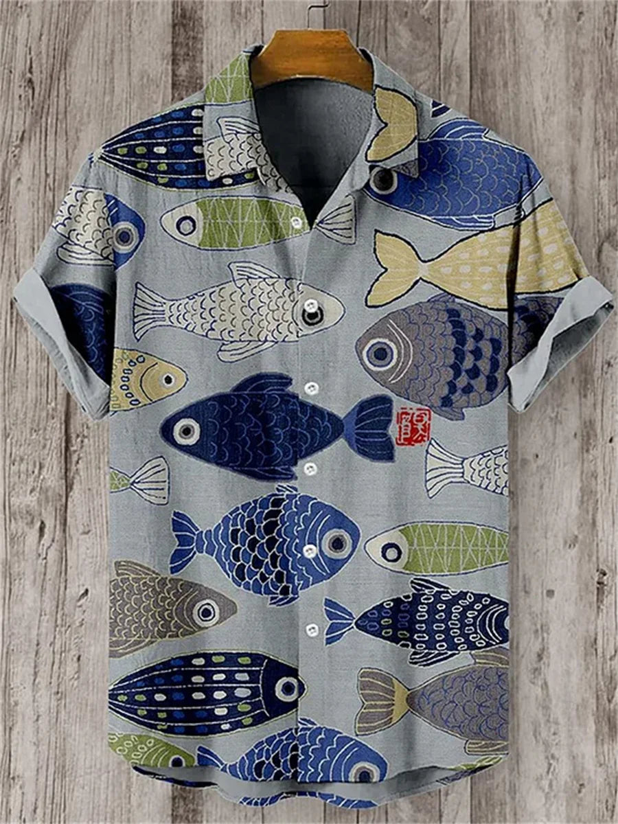 Men's short-sleeved shirt, stylish fighter jet print, breathable casual top, trendy retro pattern, personalized Hawaiian shirt.
