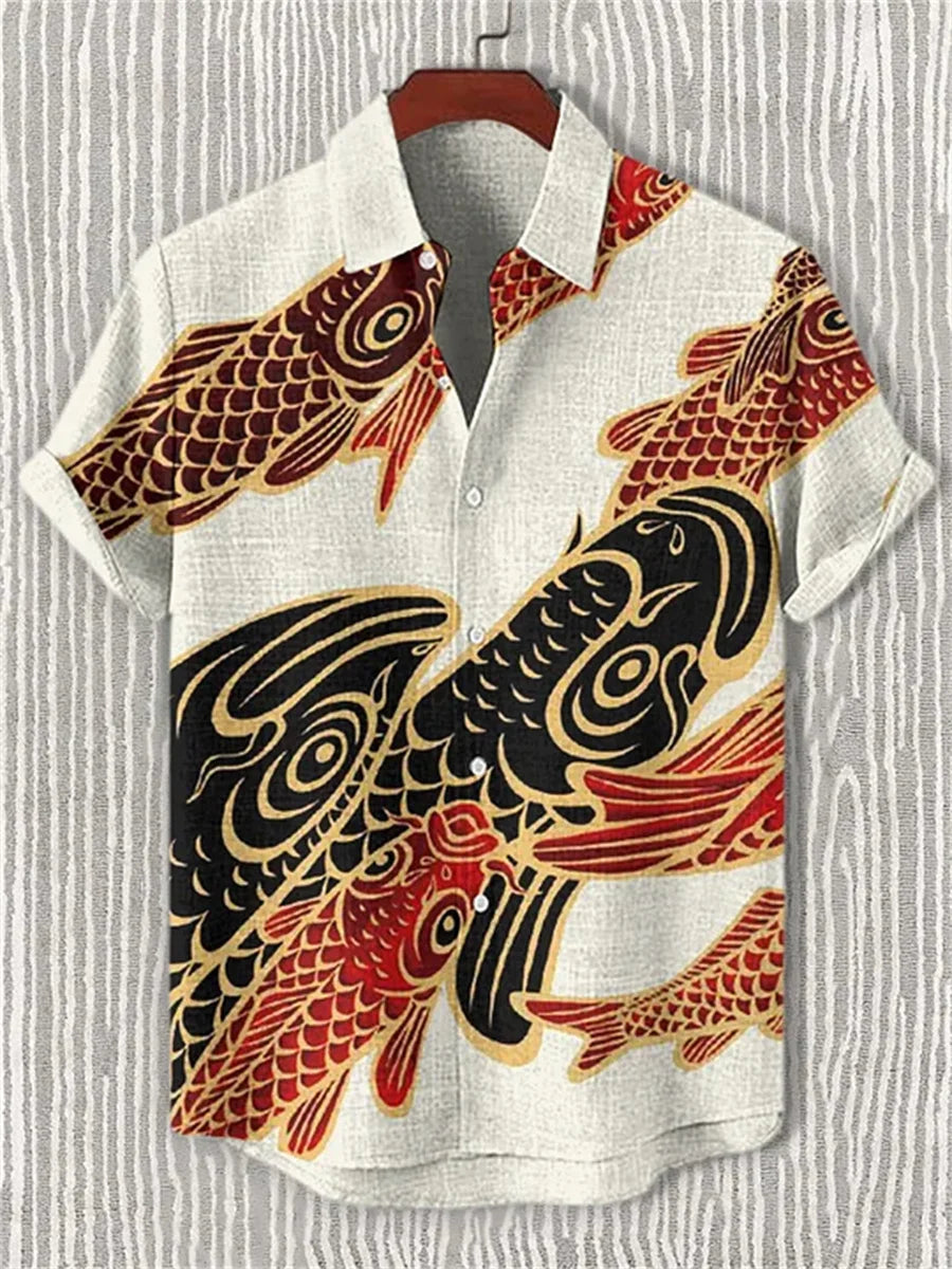 Men's short-sleeved shirt, stylish fighter jet print, breathable casual top, trendy retro pattern, personalized Hawaiian shirt.