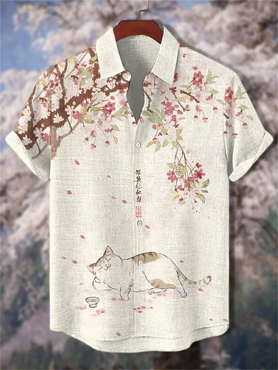 Men's short-sleeved shirt, stylish fighter jet print, breathable casual top, trendy retro pattern, personalized Hawaiian shirt.